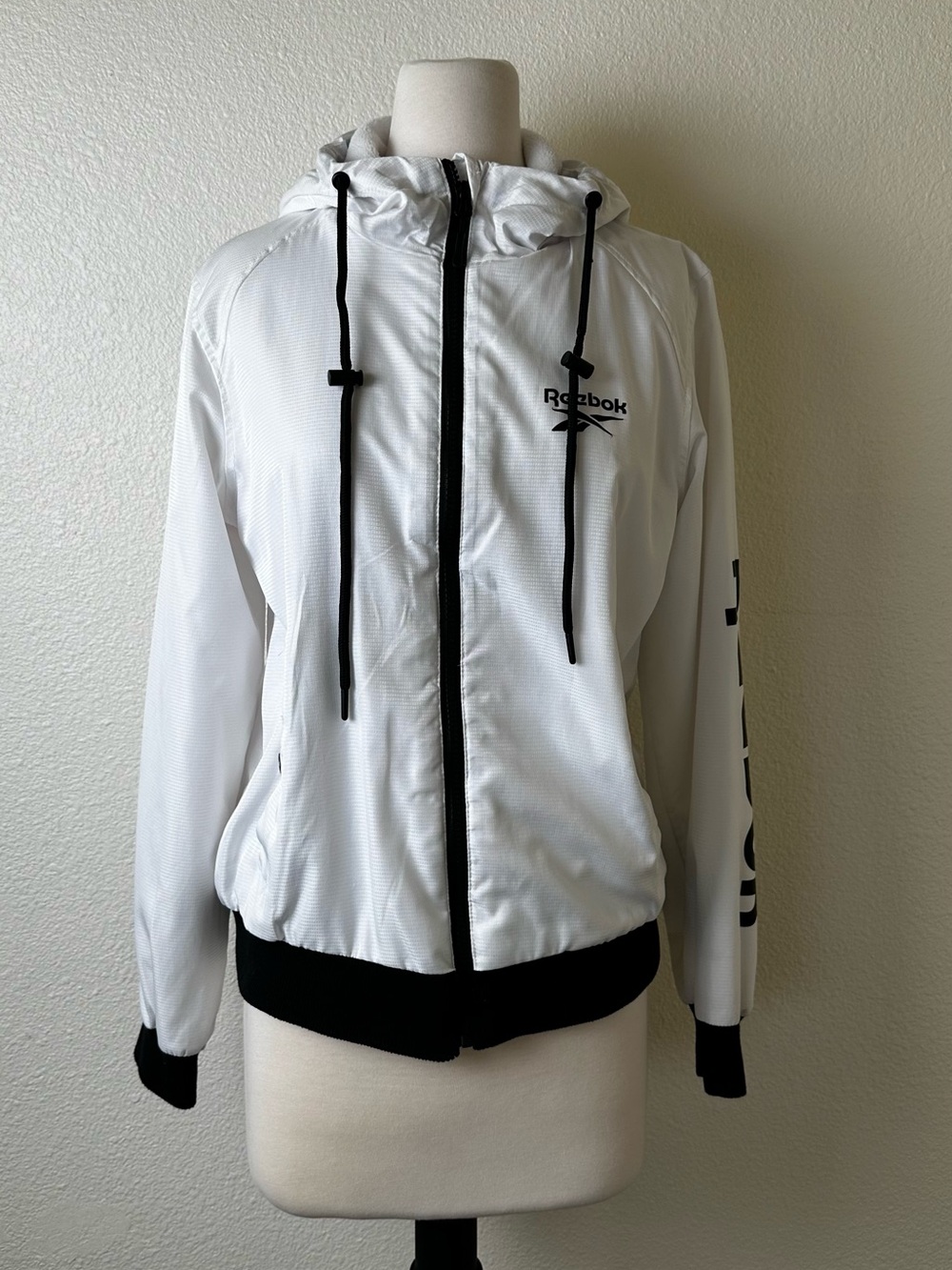 Reebok White Bomber Hoodie with Black Accents
